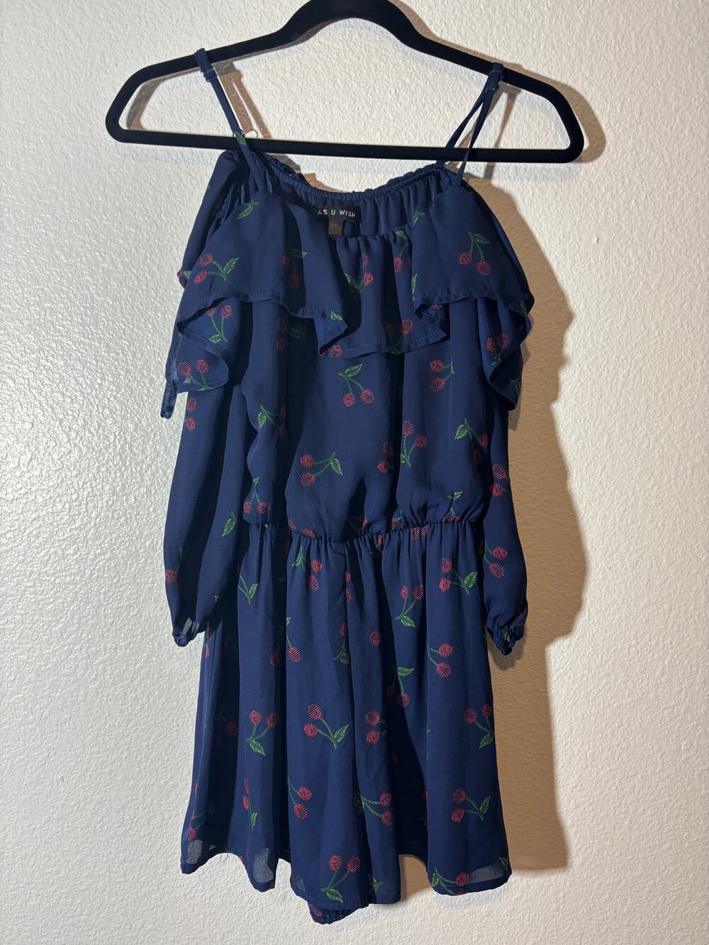 As U Wish Jr Size S Blue Ruffled Cherry Print Elastic Waist Cold Shoulder Romper